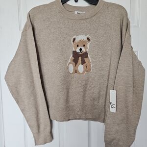 Tan and Brown Knit Sweater with Playful Bear Design